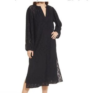 NWT Treasure Bond Lace Lined Peasant Midi Dress Black V-Neck Long Sleeve Small